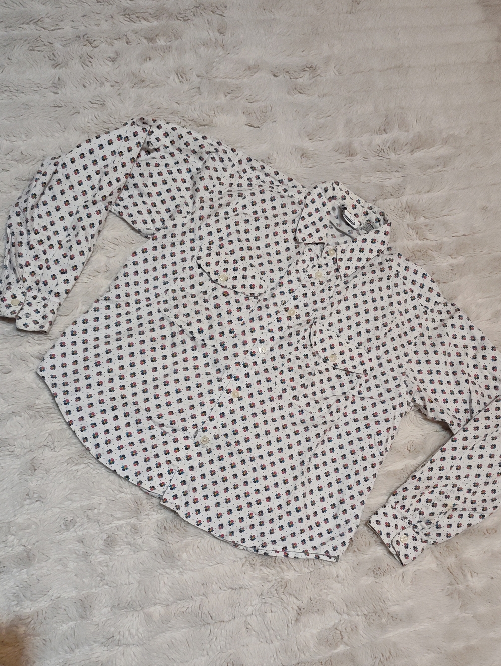 Vintage White Button-Down Shirt with Small Floral Print